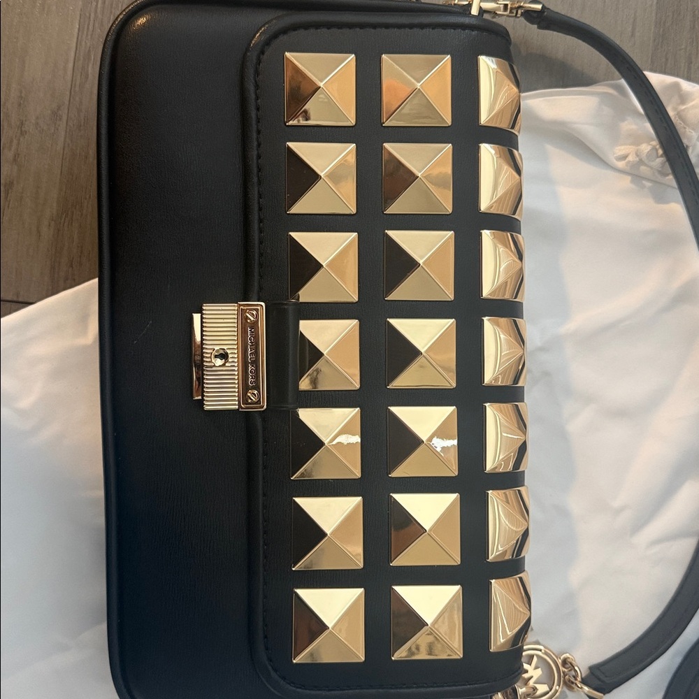 Michael Kors Black Bradshaw Handbag with Gold Pyramid Studs - Picture 6 of 6